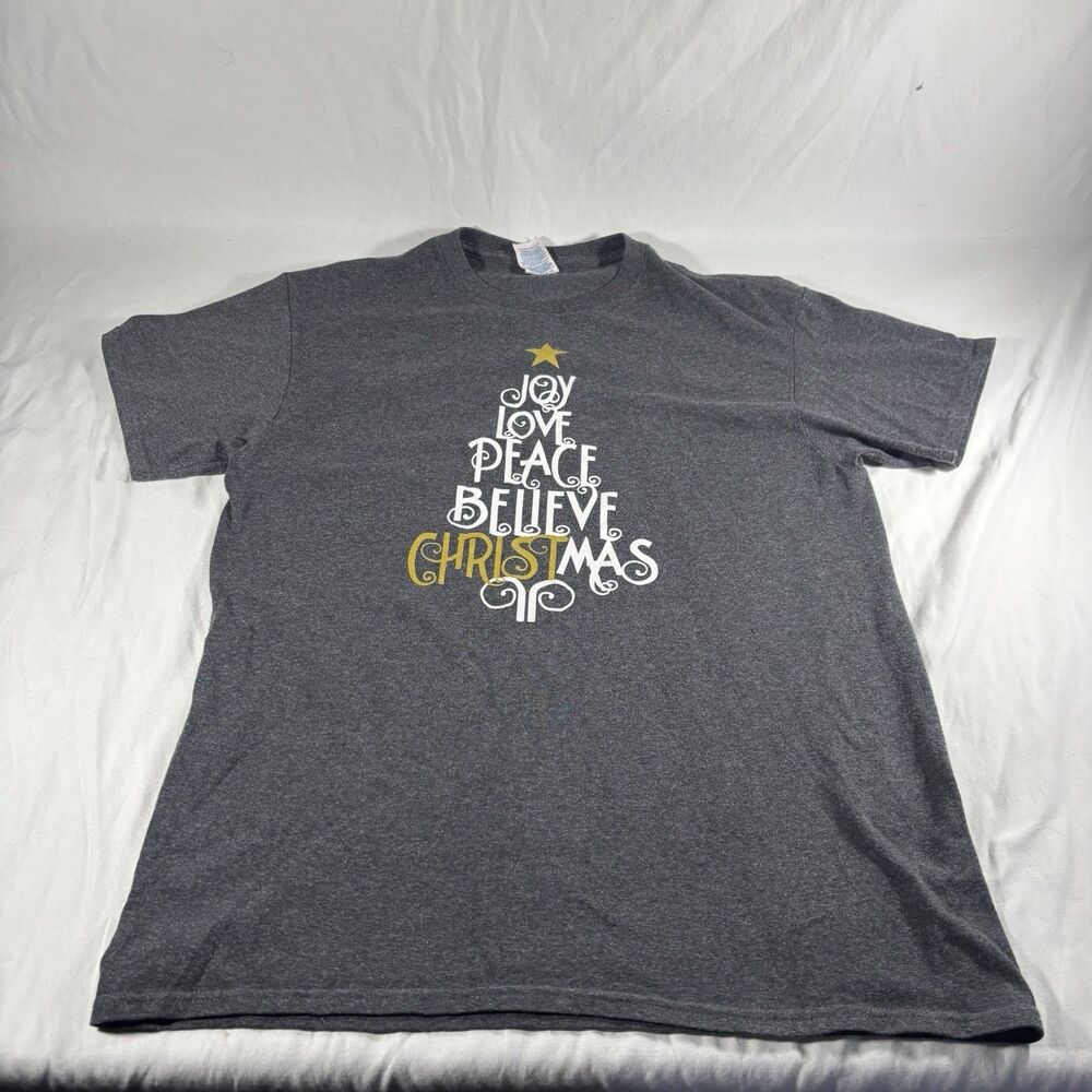 Joy Love Peace Believe Christmas Tree Shirt Adult M Gray